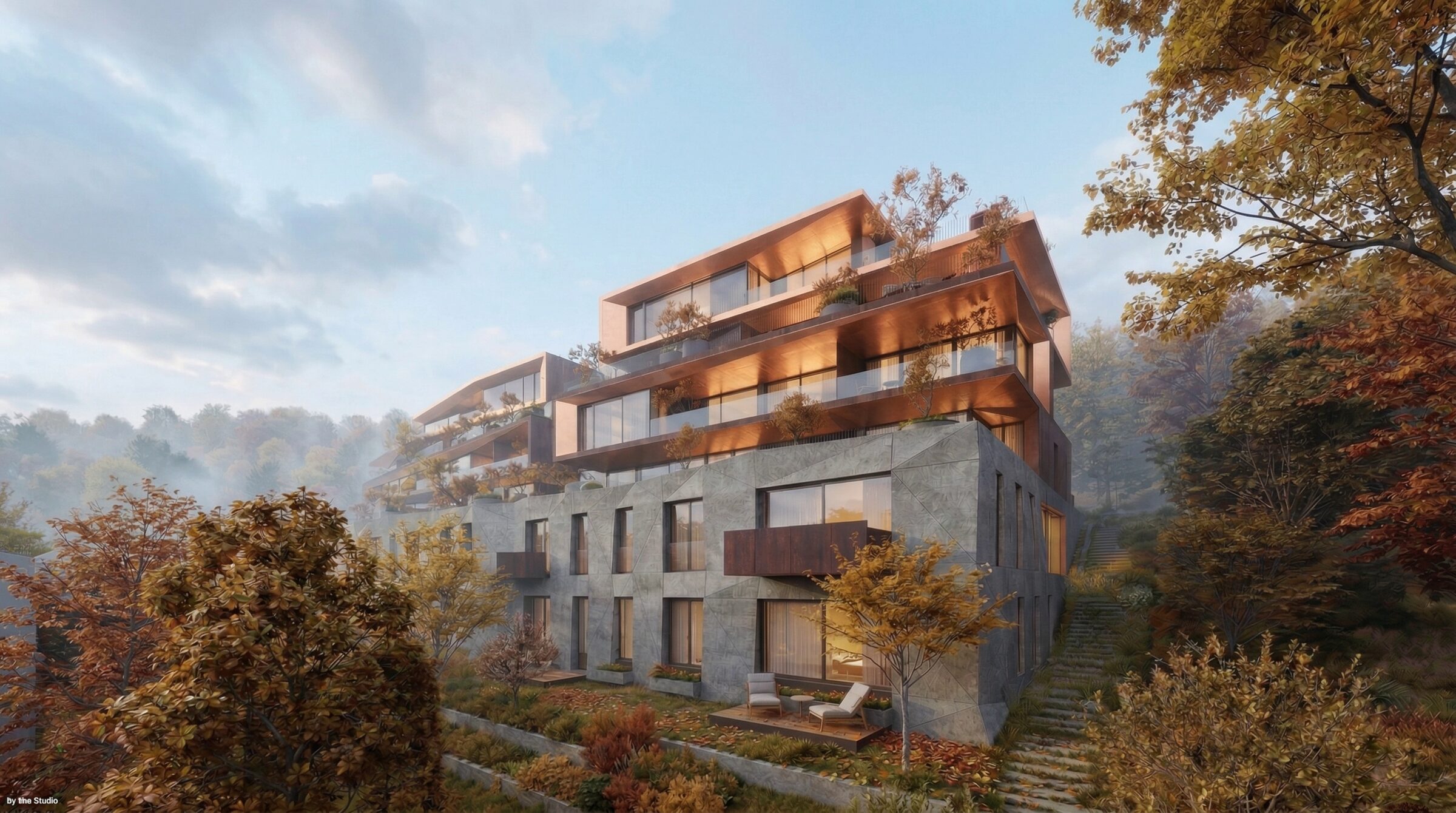 Villa Frame — pohled na terasy a zahrady